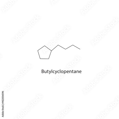 Butylcyclopentane skeletal structure. Cycloalkane compound schematic illustration. Simple diagram, chemical formula.