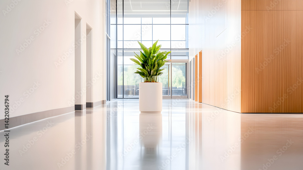 Bright Modern Office Hallway with Green Plant in White Pot Bright Modern Office Hallway with Green Plant in White Pot