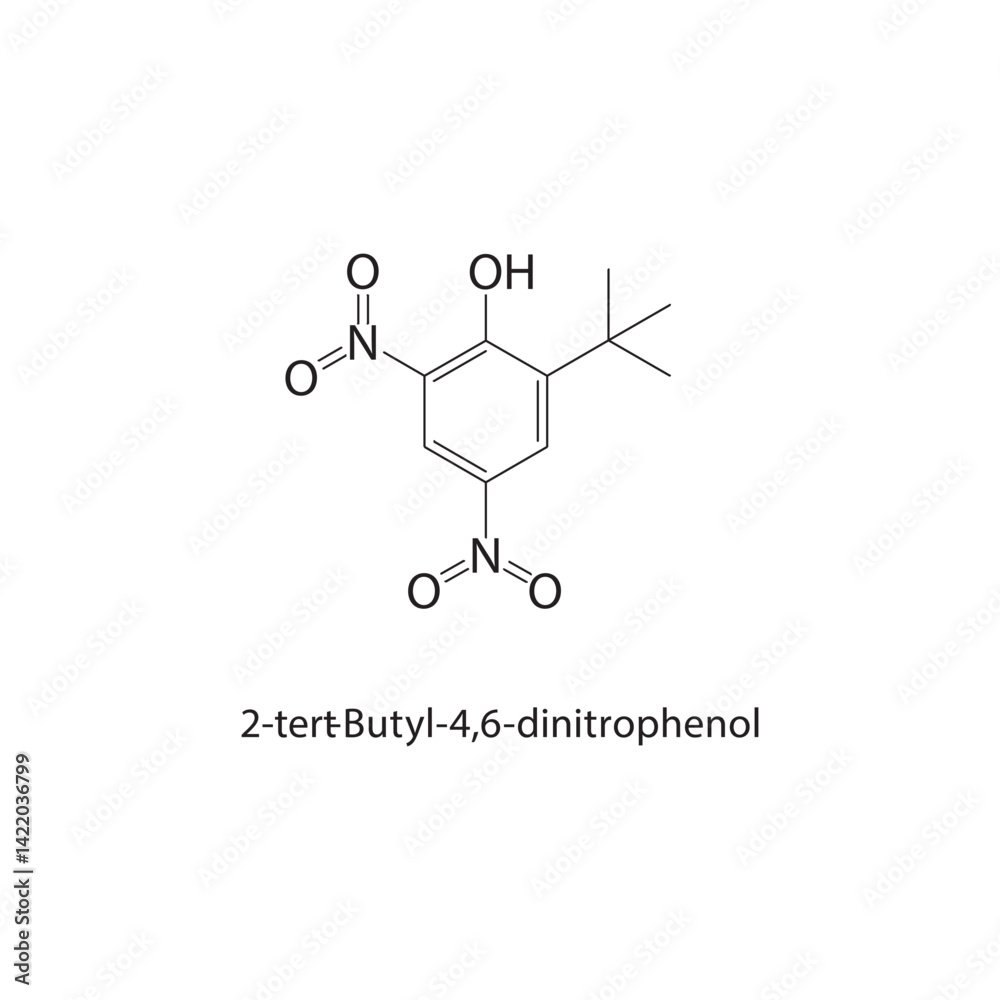 2-tert-Butyl-4,6-dinitrophenol skeletal structure. Nitro phenol compound schematic illustration. Simple diagram, chemical formula. 2-tert-Butyl-4,6-dinitrophenol skeletal structure. Nitro phenol compound schematic illustration. Simple diagram, chemical formula.