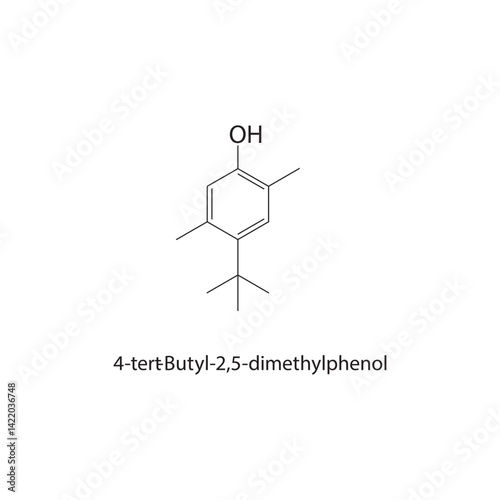 4-tert-Butyl-2,5-dimethylphenol skeletal structure. Phenol compound schematic illustration. Simple diagram, chemical formula.
