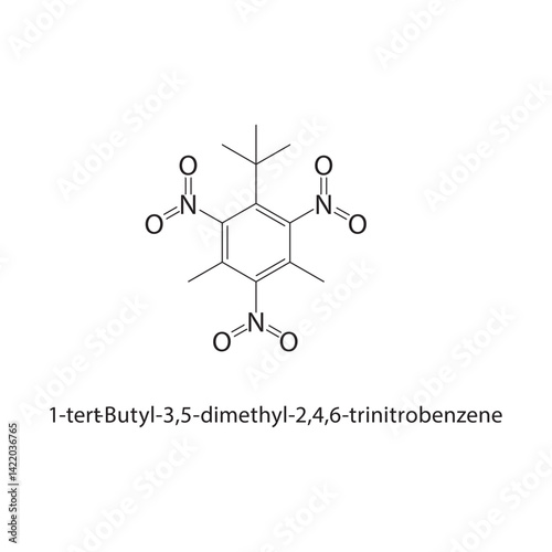 1-tert-Butyl-3,5-dimethyl-2,4,6-trinitrobenzene skeletal structure. Nitroaromatic compound schematic illustration. Simple diagram, chemical formula.