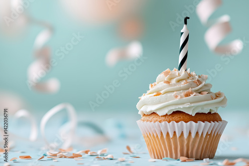 A single vanilla cupcake with smooth white frosting sits centered against a soft pastel background, such as pale peach or dusty blue