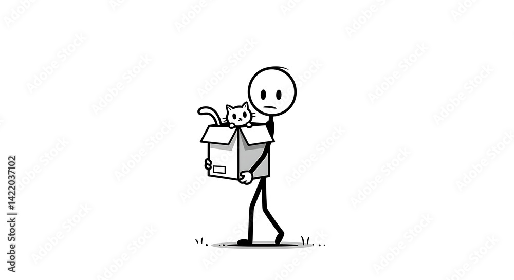 Carrying Kitten in Box Stick Figure Moving Concept Carrying Kitten in Box Stick Figure Moving Concept
