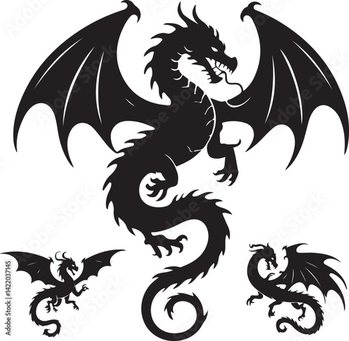 black and white dragon silhouette  | black and white dragons | black dragon vector