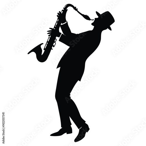 A silhouetted figure of a jazz saxophonist playing passionately, 