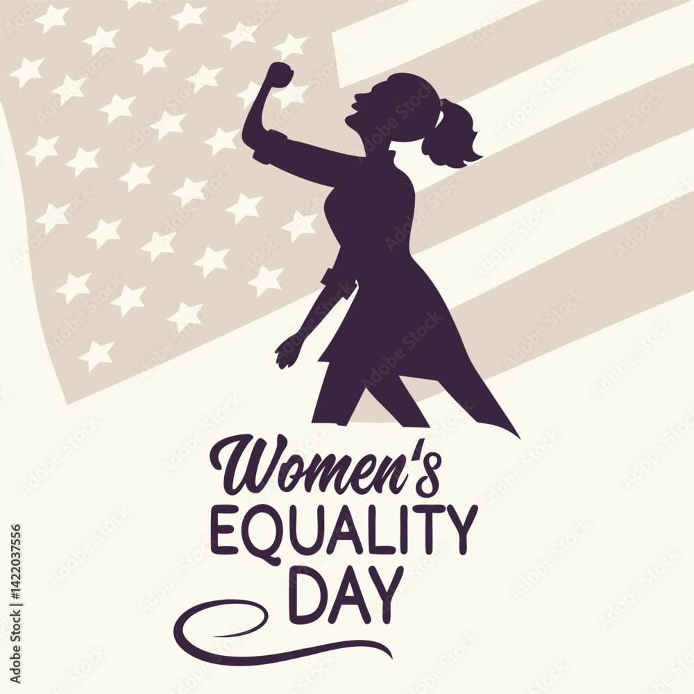 Naklejka premium Empowering the Future: Women's Equality Day Celebration: A silhouette of a strong woman stands boldly, arm raised in a gesture of empowerment, against a backdrop of an American flag.