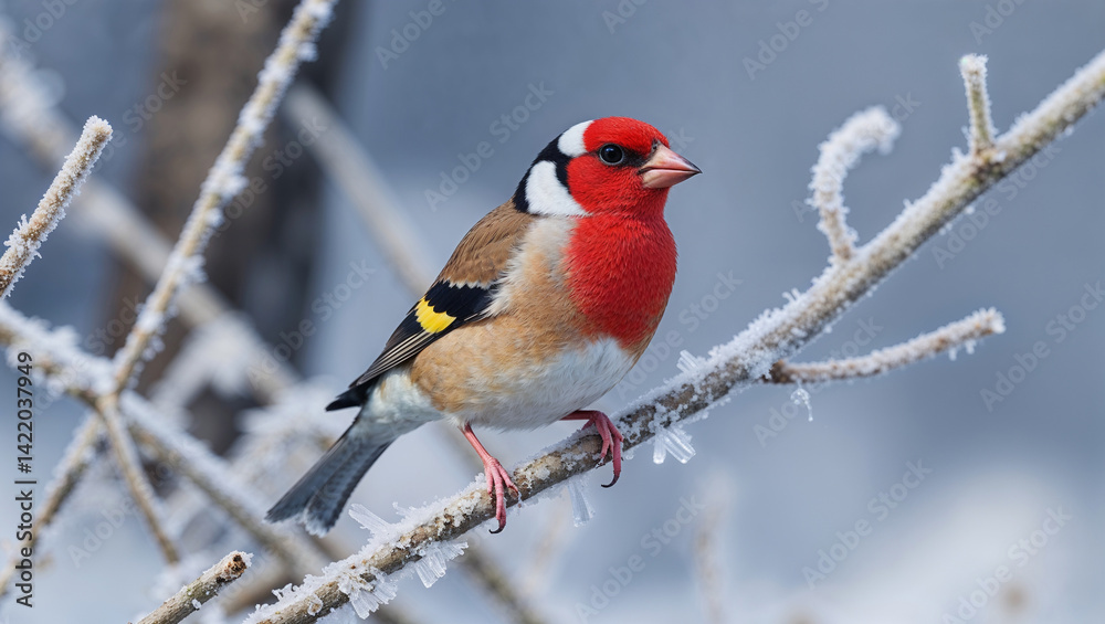 Fototapeta premium European Goldfinch Perched On A Frost Covered Branch In Winter Closeup View