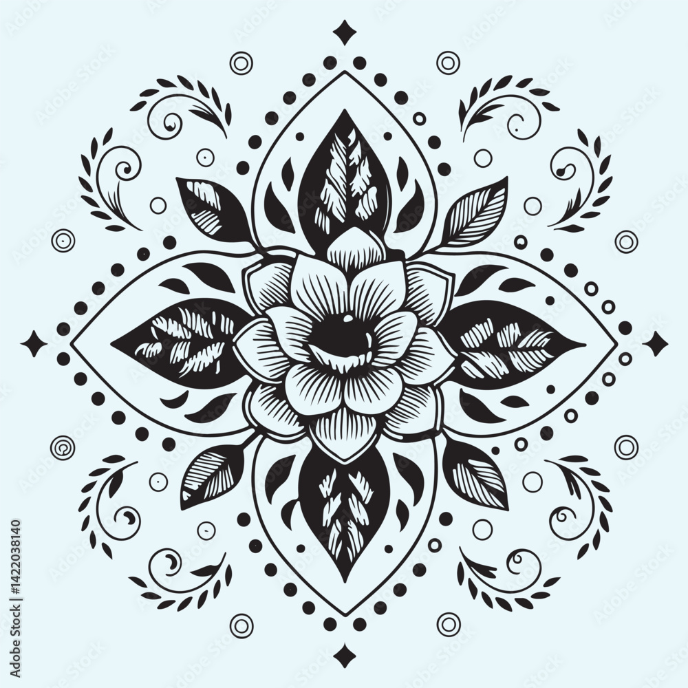 Black and White Intricate Mandala Design on Light Blue Background - Symmetrical Flower Patterns Black and White Intricate Mandala Design on Light Blue Background - Symmetrical Flower Patterns