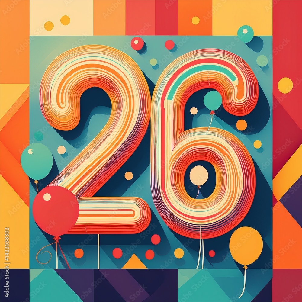 Obraz premium Number 26 with balloons. Retro style illustration for twenty-sixth birthday or anniversary