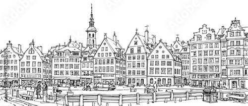 The Inked City: Lines of Life ink style linework drawing pen sketch hand drawn vector illustration background, city downtown sketching hand-drawn