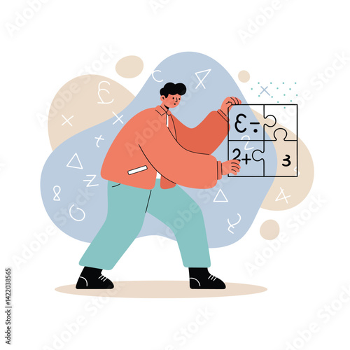 Young man solving mathematical puzzle with numbers and symbols in casual clothing educational concept illustration 