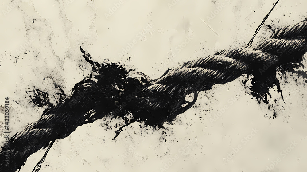 Frayed rope on the brink, a close-up view of a deteriorating rope under tension, highlighting its wear and impending failure against a neutral backdrop. Void-Touched Fibers. Illustration