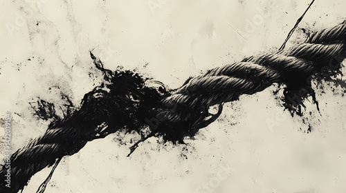 Obraz na płótnie Frayed rope on the brink, a close-up view of a deteriorating rope under tension, highlighting its wear and impending failure against a neutral backdrop. Void-Touched Fibers. Illustration w salonie