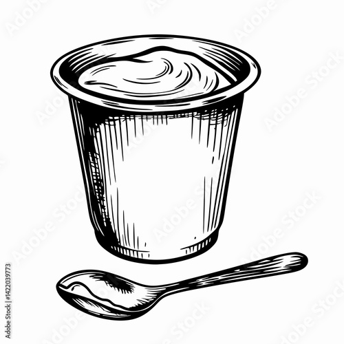 Illustration of a yogurt cup with a spoon, depicting a delicious dairy treat, simple line art style, representing healthy snacking and enjoyment.