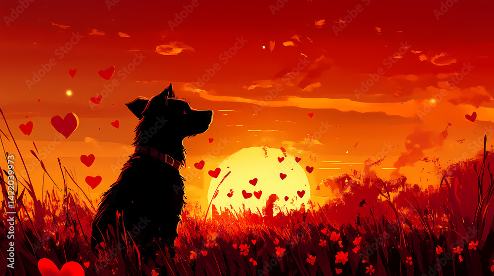 Sweet dreams black dog in a flower field at sunset with falling hearts. Wraith-Touched Tapestry. Illustration