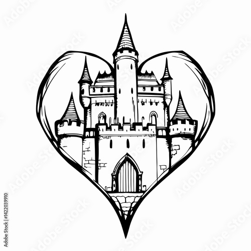 Stylized castle illustration in a heart shape symbolizing love and imagination against a minimalist background, representing fantasy and creativity.