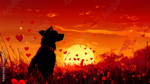 Obraz na płótnie Sweet dreams black dog in a flower field at sunset with falling hearts. Wraith-Touched Tapestry. Illustration w salonie