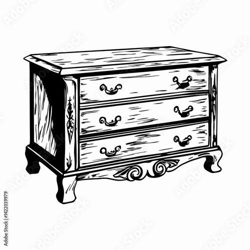 A black and white illustration of an ornate vintage dresser with three drawers, symbolizing handcrafted wood furniture, storage, and classic interior style
