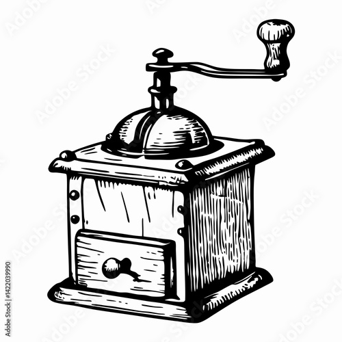 Vintage coffee grinder illustration showcasing rustic design and craftsmanship, representing the art of coffee brewing and traditional methods of grinding.