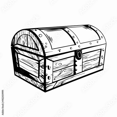 Vintage wooden treasure chest illustration showcasing rustic design elements against a plain backdrop, symbolizing adventure and mystery.
