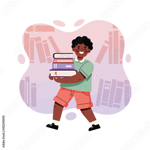 Young boy carrying stack of books in casual outfit surrounded by bookshelf background illustration 
