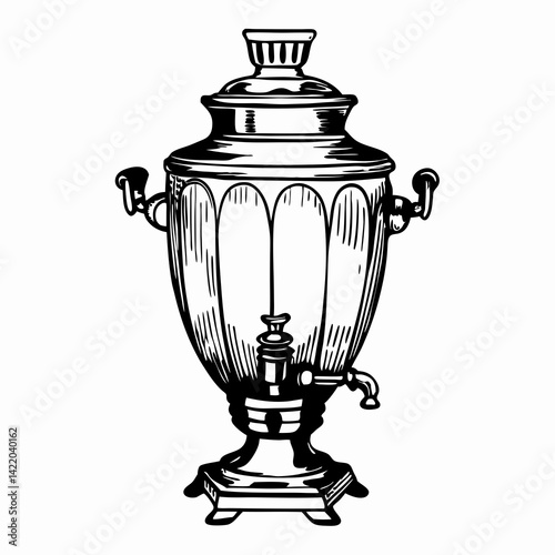 A traditional Russian samovar in black and white, symbolizing heritage tea brewing, cultural tradition, and vintage kitchen utility
