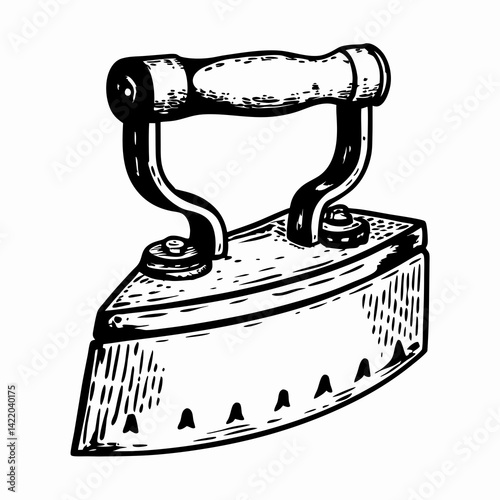 Vintage iron showcasing a classic design, representing laundry tasks amidst minimalist monochrome background, evoking nostalgia and simplicity.