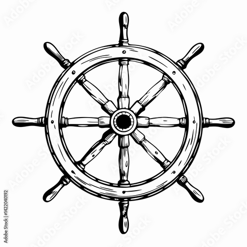 Vintage nautical ship's wheel illustration, symbolizing guidance and adventure, ideal for marine-themed decor or design projects.