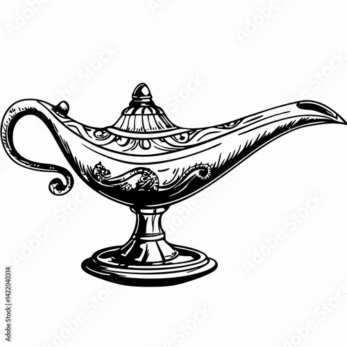 Vintage oil lamp featuring intricate designs, symbolizing magic and wishes, set against a minimalist background representing imagination and storytelling.