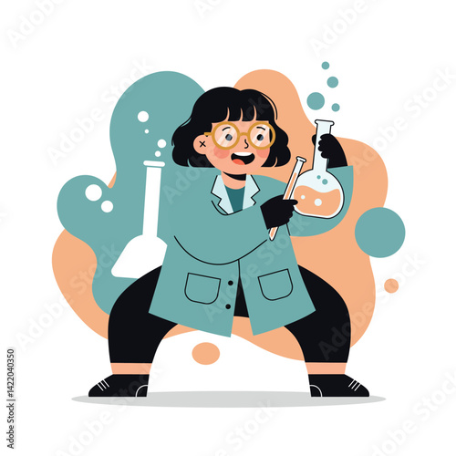 Female scientist conducting chemical experiment in laboratory with flasks and test tubes in cartoon style 