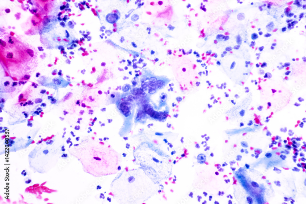 Fototapeta premium Genital herpes infection by the herpes simplex virus (HSV) of the genitals.Ground glass appearance criteria for pap smear slide cytology and pathology.Human cell medical concept.