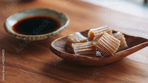 Nagaimo slices raw and dipped in soy sauce sticky te