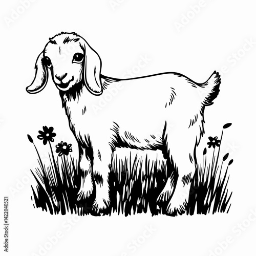 Cute cartoon goat standing in grass with flowers, representing innocence and playfulness in nature's beauty.