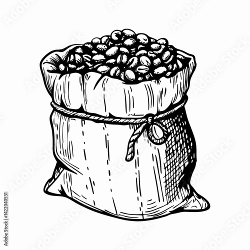 Illustration of a burlap sack overflowing with beans in a rustic style, symbolizing abundance and nourishment in a minimalist monochrome design.