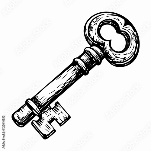 Vintage key illustration representing security, access, and mystery in an artistic black and white style.