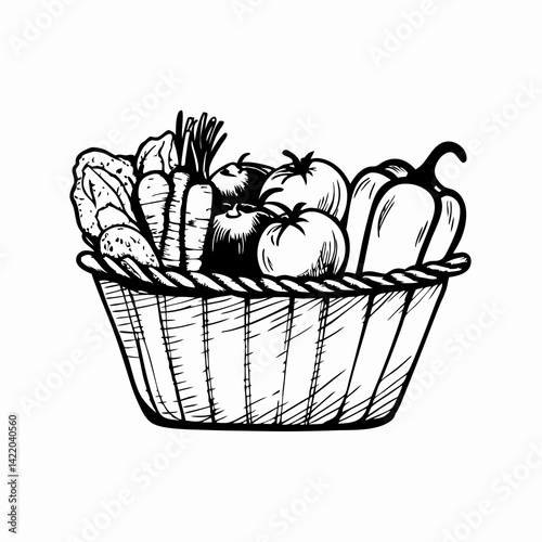A detailed illustration of a basket filled with fresh vegetables including carrots, tomatoes, and peppers against a simple white background, representing healthy eating and organic produce.