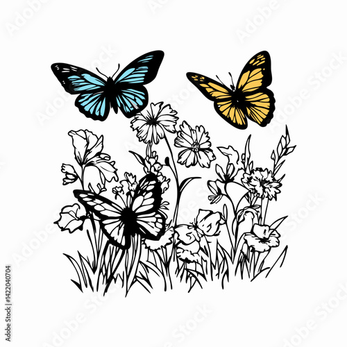Colorful Butterflies Dancing Among Flowers in a Vibrant Garden Setting Representing Nature's Beauty and Transformation