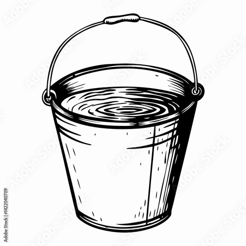Illustrative black and white bucket filled with water, showcasing simplicity and utility, commonly used for various household tasks and gardening.