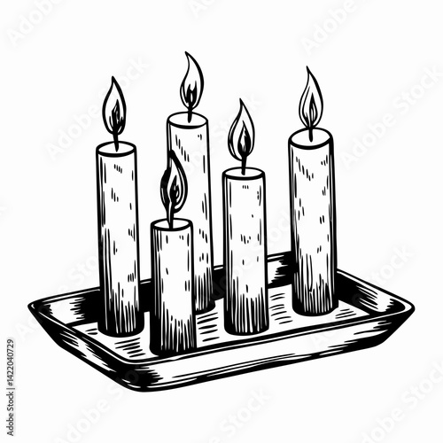 Five lit candles displaying flickering flames sit on a decorative tray, evoking warmth and tranquility in a cozy setting, symbolizing hope and illumination.