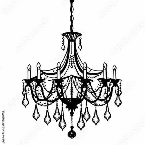 Elegant black chandelier design showcasing intricate details and luxurious style on a white background, representing sophistication and grandeur in interior decor.
