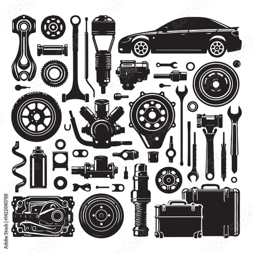 Car Parts Icon Set – Black Silhouettes on White Background

