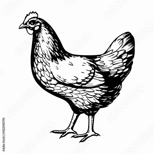 Black and White Chicken Illustration Standing Proudly in Artistic Style Representing Farm Life and Organic Living