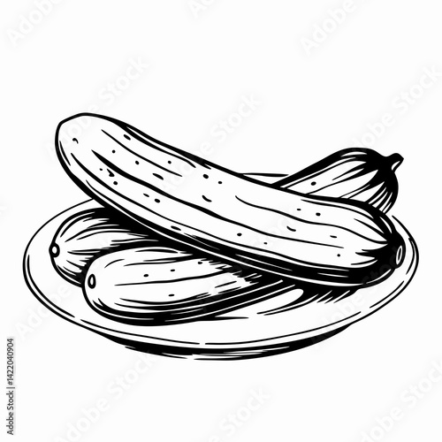 Black and white illustration of fresh zucchinis on a plate, showcasing healthy vegetables in a minimalistic style representing nutrition and cooking.