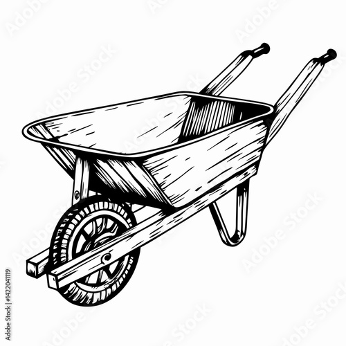 A vintage wheelbarrow in motion showcasing craftsmanship against a plain background representing gardening and outdoor activities.