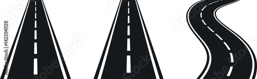 Straight Roads And Curvy Roads Vector Design Featuring Asphalt Pavement And White Lane Markings On A White Background