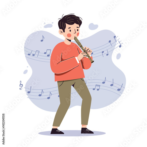 Boy playing wooden flute musical notes around casual clothes illustration natural scene 