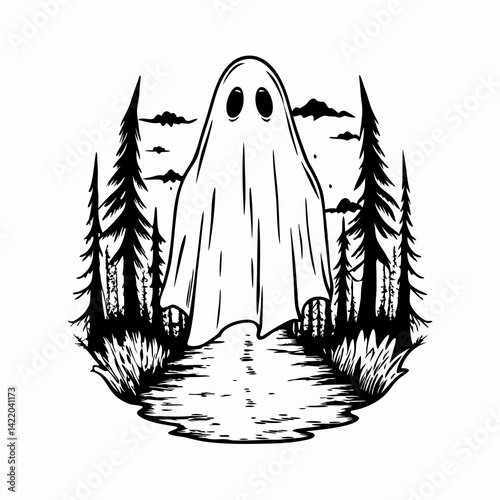 Mysterious ghost figure haunting a forest pathway at dusk, evoking feelings of the supernatural and representing Halloween themes.