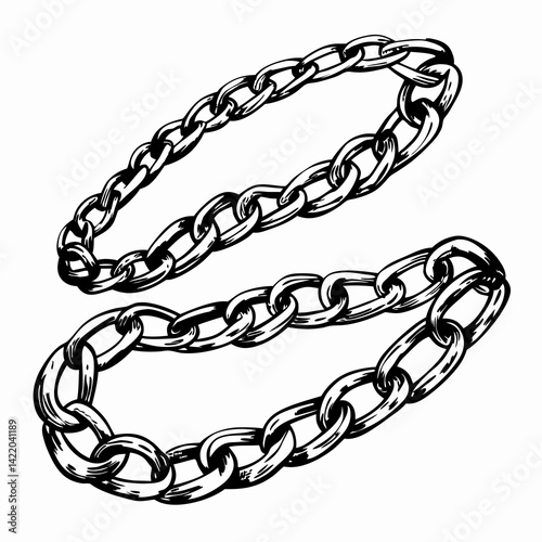 Two connected metal chain links illustrated in black and white, symbolizing strength, connection, support, and industrial durability
