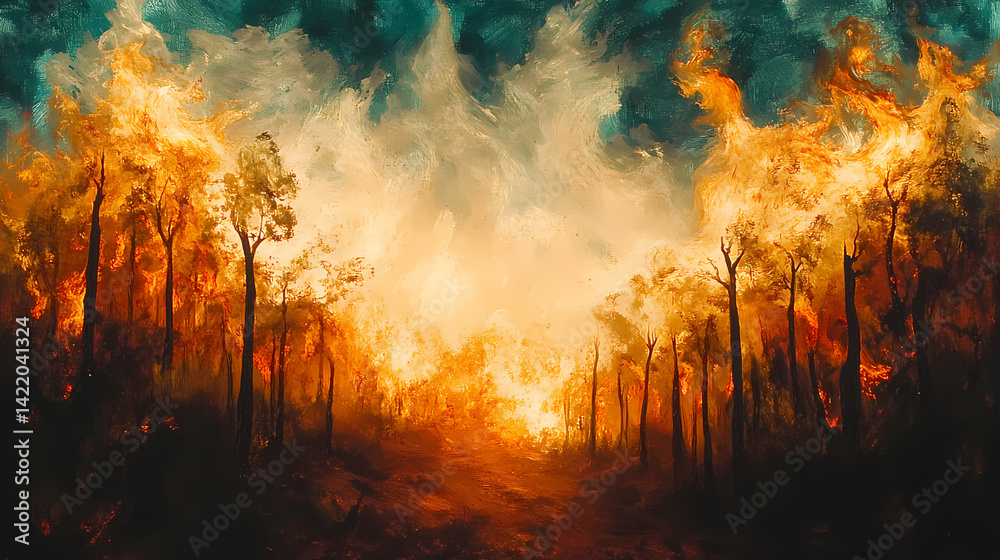 Forest fire, with the air above the burning ground warped and the surroundings shimmering from the intensity of the flames. Shimmering Warp. Illustration