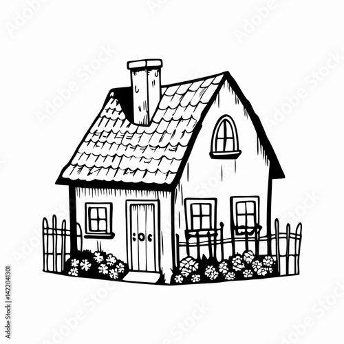 Charming black-and-white house illustration with a whimsical design, surrounded by flowers and a fence, representing coziness and home.
